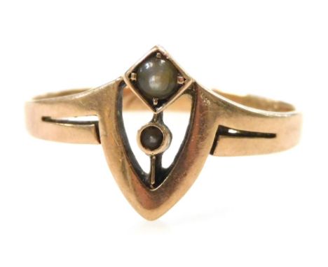 A Jugendstil seed pearl set ring, in rose gold metal, stamped 585, internally engraved with initials and dated 23.12.05, size