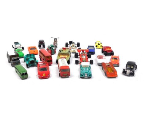 Matchbox, Corgi and other diecast sports cars, vintage lorries, buses, etc., play worn. 