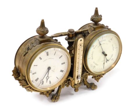 A late 19thC Howell, James and Company of Paris brass cased clock and barometer, the clock with circular enamel dial bearing 