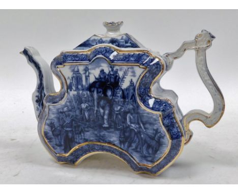 A late 19thC Burgess and Leigh aesthetic style blue and white pottery teapot, decorated with reserves of Indian figures and e