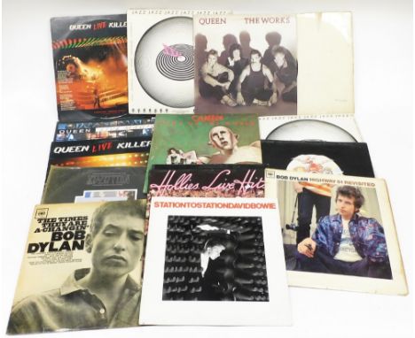 Various LP records, to include Queen Live, The Works, Live Magic, Motown, Bob Dylan Highway 61 Revisited, The Times They Are 