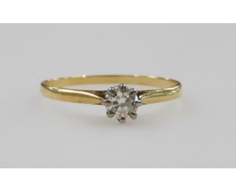 A diamond solitaire ring, in a high claw setting, in yellow metal stamped 18ct, approximately 0.25ct, size N/O, 1.2g.