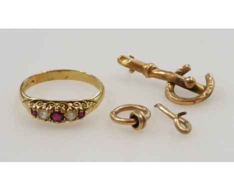 An 18ct gold ruby and diamond five stone ring, size N, 3.0g, a 9ct gold loop attachment, 0.7g, and two pieces of broken jewel