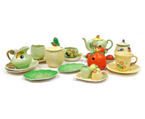 A group of Carltonware and Crown Devon leaf moulded and other tablewares, including a solitaire tea set, preserve pots, cruet