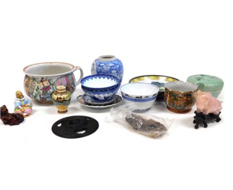 A Chinese pink rock crystal figure of a ram, with a hardwood stand, ceramics, including bowls, box and cover, and a chamber p