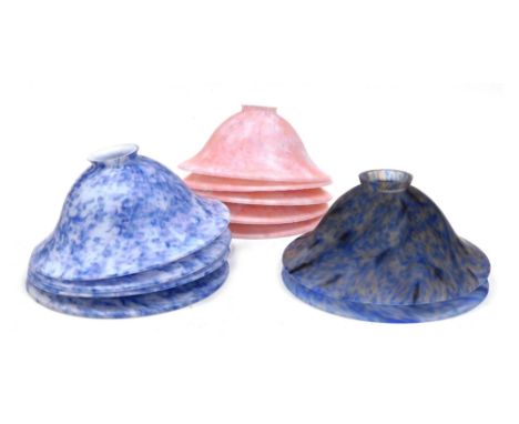 Eleven retro mid century style glass lamp shades, five pink, four mottled pink and blue, and two blue and black. 