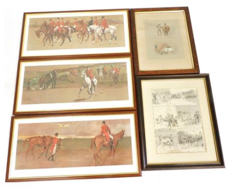 A group of equestrian related prints, comprising after Lionel Edwards, three hunting related works, Returning Home, Rails, an