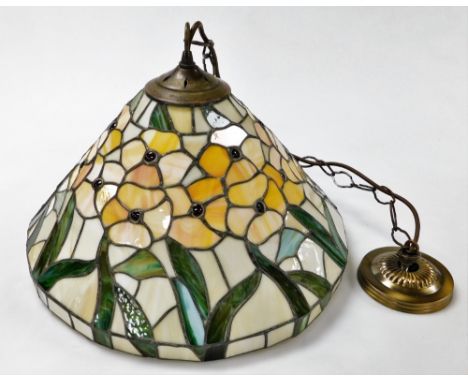 A Tiffany style ceiling light, decorated with a band of flowers and leaves, 44cm wide.