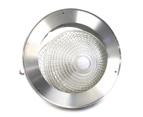 A mid century steel and moulded glass hanging light fitting, the central section of globular form in two parts, surrounded by