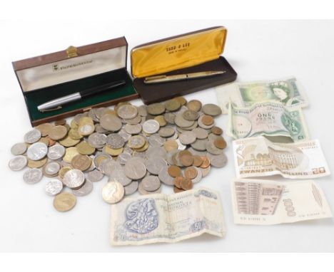 English and European coins, and bank notes, together with a Yard-A-O-Led silver propelling pencil, cased, and a Papermate fou