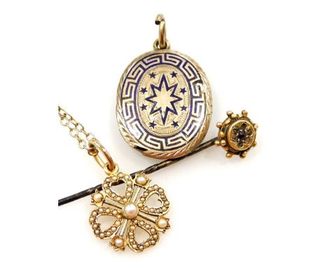 An Edwardian seed pearl set floral pendant, in yellow metal, on a plated neck chain, 19thC oval hair locket pendant, in yello