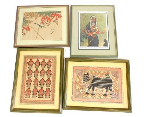 A pair of Indian Madhubani pictures, comprising a cat with fish, and a work depicting a repeat pattern of fish, coloured ink 