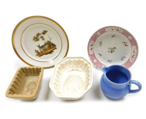 A group of ceramics, to include an early 19thC Newhall porcelain dish, decorated centrally with flowers, with a pink scale ba