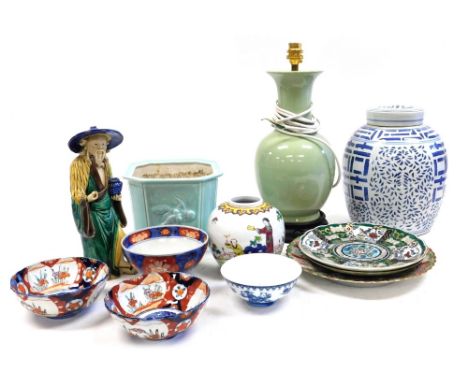 A group of Chinese ceramics, including a Sancai figure of a pheasant, Cantonese famille rose porcelain plates, Imari bowls, b