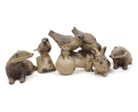 Poole buff pottery figures, comprising Sandpiper, limited edition 184/1000, designed by Barbara Linley Adams, a robin on a fl