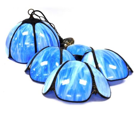 An early 20thC style blue opalescent ceiling light, 30cm high, together with four matching demi lune wall lights, 26cm wide. 