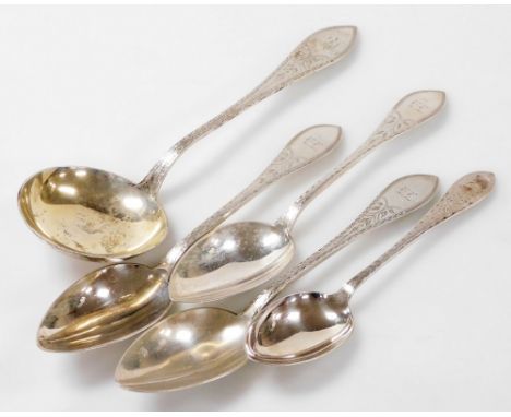 A group of Meyer and other Danish silver and plated table flatware, foliate engraved, shield terminal with engraved monograms