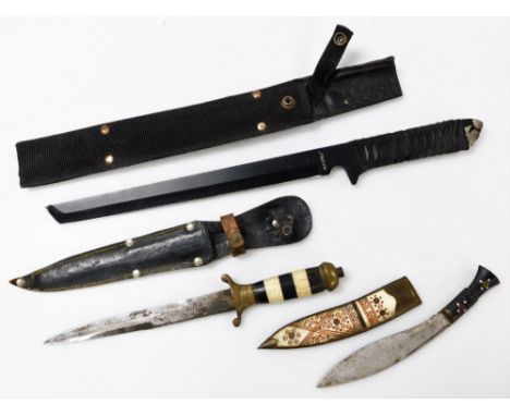 A Middle Eastern hunting knife, with a bone and ebonised handle, smaller knife with a bone and horn sheath, and one further k