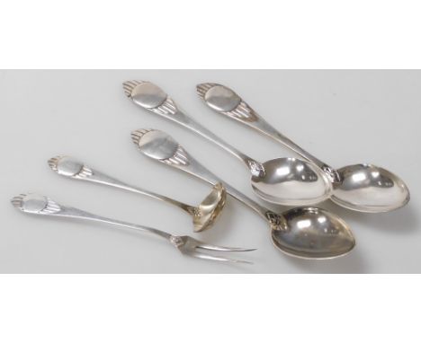 Five items of Meyer &amp; Christian Heise Danish silver tableware, each handle cast with a roundel and line decoration, compr