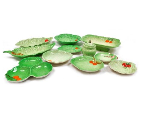 A group of Carltonware and Beswick leaf moulded tablewares, including dishes, pedestal bowl and a preserve pot.  (a quantity)