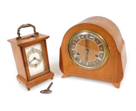 An Empire beech cased mantel clock, rectangular white dial with silvered chapter ring bearing Arabic numerals, subsidiary sec