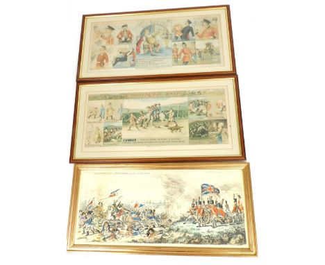 A pair of early 20thC prints, comprising Old King Cole and Widdecombe Fair, 26cm x 57cm, together with a colour print of the 