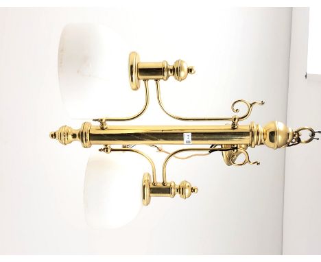 Edwardian style brass two branch light fitting with domed opaque glass shades, H93cm x W64cm Condition Report Click here for 