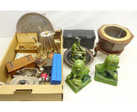 Pair Walker & Hall silver trumpet vases, silver-plated salver, musical oak chest jewellery box, coins, banknotes, pair glazed