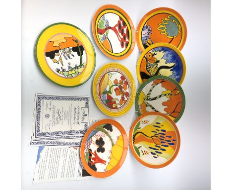 Set of eight Wedgwood Clarice Cliff Bizarre series plates comprising Summerhouse, Tulip, Bridgewater, Red Tree, Windbells, Ho