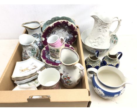 Victorian pitcher relief moulded with a Hunting scene, sprig decorated jug, Victorian part dessert service, pair Royal Doulto