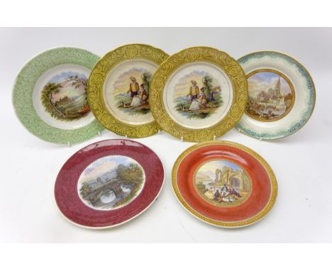 Six Victorian Prattware plates: Vue De La Ville De Strasbourg Prise Du Port, Chatsworth, The Picnic and others (6) Condition 