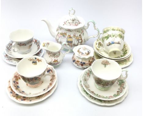 Brambly Hedge Tea Service teapot and milk jug, Autumn sugar bowl, two Spring cups and saucers & tea plate and Winter, Summer,