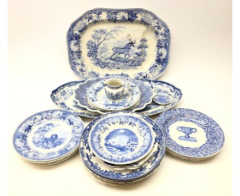 Collection of Spode blue transfer ceramics comprising The Blue Room Collection plates, two large bowls, 'Grasshopper' jug and