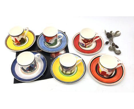 Set of six Wedgwood Clarice Cliff Cafe Chic series coffee cups and saucers comprising May Avenue, Summerhouse, Blue Firs, Win