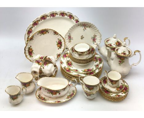 Royal Albert Old Country Roses tea and coffee wares comprising teapot, coffee pot, six trios, six breakfast bowls, six dinner