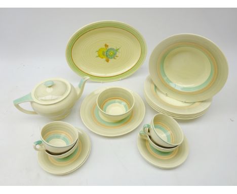 Susie Cooper banded tea set for four no. 698 and Clarice Cliff oval platter  Condition Report Click here for further images, 