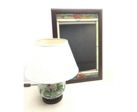 Cockill lighting Oriental style pottery lamp with shade and a Killerby Art Deco stained glass mirror, 73cm x 50cm (2) Conditi