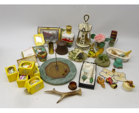 Trench art shell case, octagonal brass sundial, Goebel ceramic lamp base and miscellanea in one box Condition Report Click he