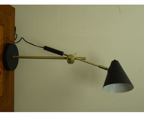 Brass and black finish adjustable desk lamp with cone shaped shade,  on circular base, H72cm max Condition Report Click here 