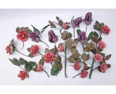 Collection of ceramic and wirework rose stems & other similar purple flowers Condition Report Click here for further images, 