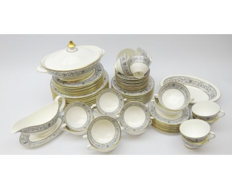 Royal Doulton Baronet pattern dinner service comprising twelve dinner plates, eight side plates, eleven salad plates, eleven 