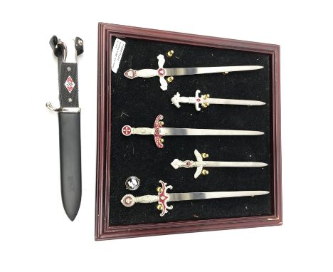 German enamel SS badge, reproduction Nazi dagger and miniature sword display board, 34cm x 34cm  Condition Report Click here 
