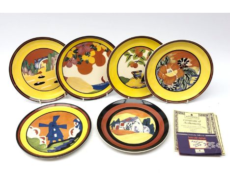 Set of six Wedgwood Clarice Cliff Applique series plates comprising Windmill, Lugano, Eden, Caravan, Palermo and Avignon, wit