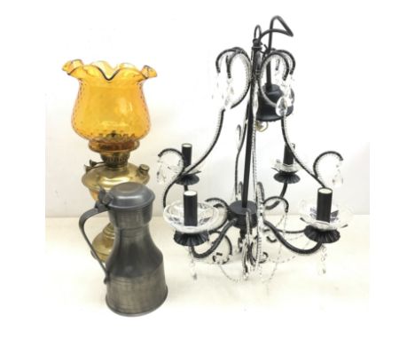 Pewter Tappit, H27cm, brass oil lamp with amber glass shade and modern black frame centre light fitting with glass bead embel