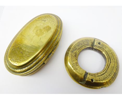 Dutch brass snuff or tobacco box of oval form with incised decoration, L14cm and Sudanese brass anklet (2) Condition Report C