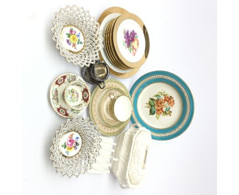 Royal Worcester trio with jeweled and gilt borders c1912, pair Meissen baskets with lattice pierced borders D16cm, Foley Bone