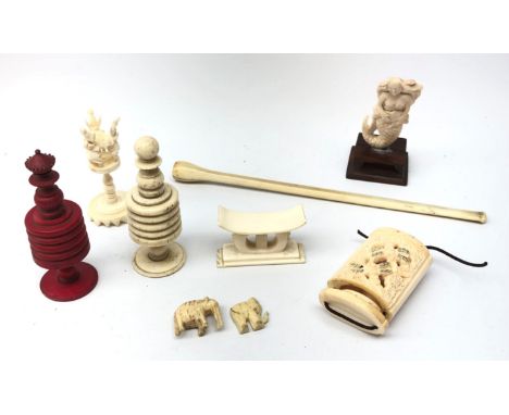 Two 19th century turned bone chess pieces, early 20th century ivory pipe, bone inro and miscellanea  Condition Report Click h