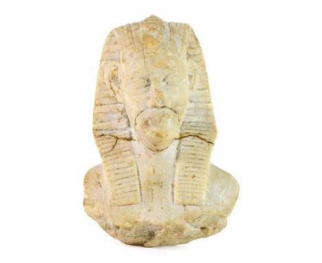 A Carved White Marble Bust of a Pharoah, in classical style, wearing typical headdress, 13cm high; A Carved Greenstone Figure