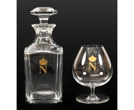 A Baccarat Napoleon Brandy Decanter and Stopper, 20th century, of rectangular form, gilt with a crowned N, etched marks, 25cm