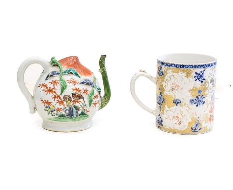 A Chinese Porcelain Cadogan Teapot, 18th/19th century, of traditional peach form, painted in famille verte enamels with birds